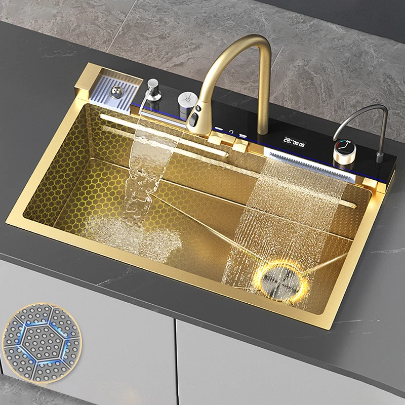 Golden Double Waterfall Sink Stainless Steel Kitchen Sink Embossed Large Single Slot Wash Basin Washing Pond For Kitchen