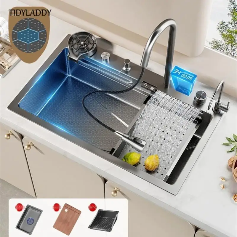Stainless Steel Waterfall Kitchen Sink Embossed Honeycomb Multifunction Digital Display Large Single Slot Kitchen Accessories