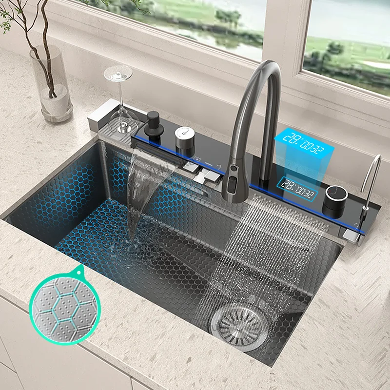 Stainless Steel Waterfall Kitchen Sink Large Single Slot Integrated Digital Display Faucet Set Embossed Wash Basin